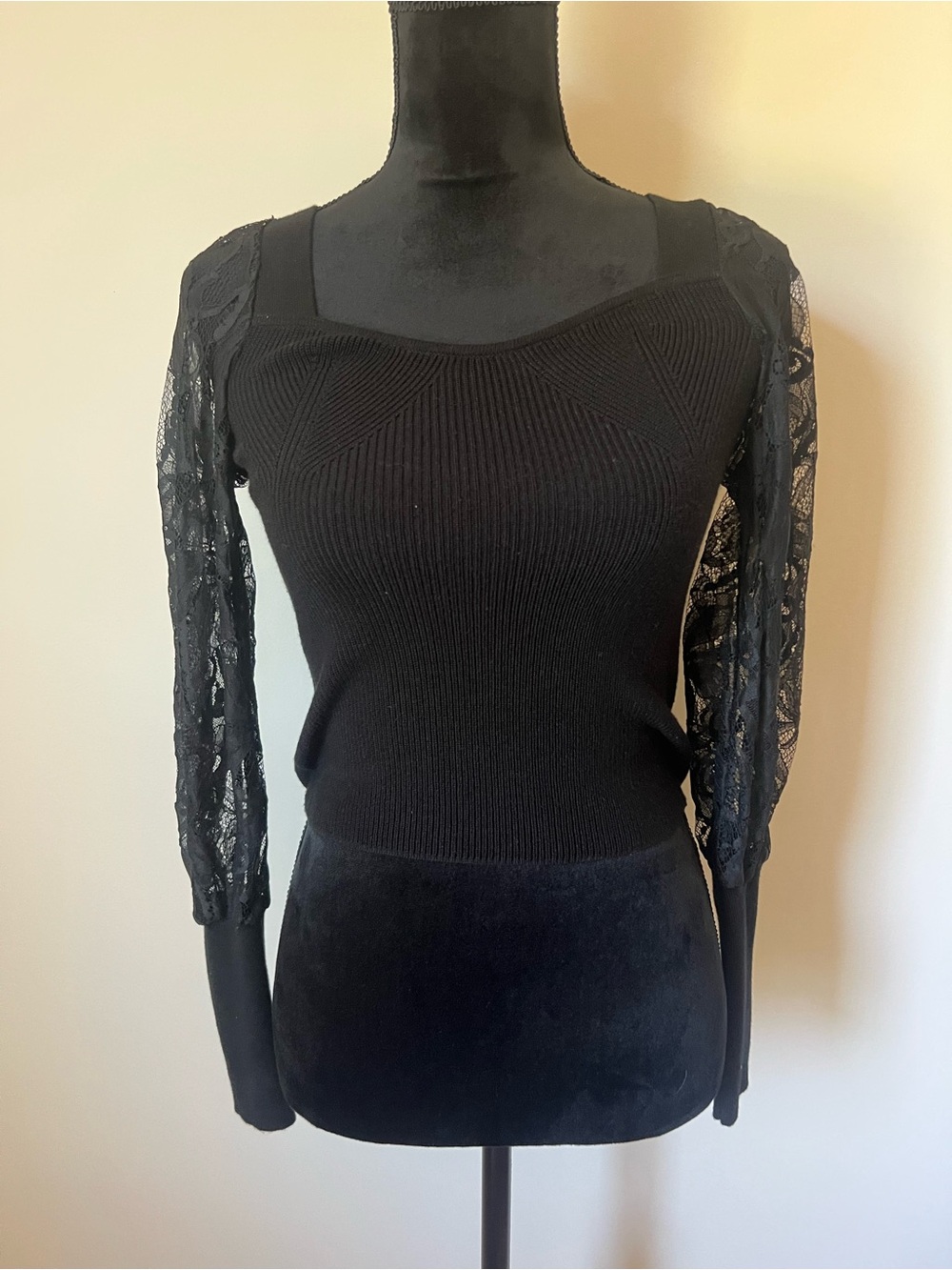 Anthropologie Women’s Black Ribbed Knit Lace Sleeve Square Neck Top XXS